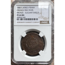 1888 ZAR 1 PENNY PATTERN ORANGE FREE STATE PF64BN " ELEGANT SHIELD " NGC GRADED- 100 MINTED - NO PROOFS