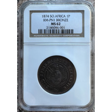 1874 ZAR 1 PENNY TRANSVAAL PATTERN MS62 - NGC GRADED 100 MINTED - NO PROOFS