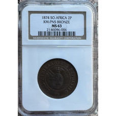 1874 ZAR 2 PENCE TRANSVAAL PATTERN MS63 - NGC GRADED 50 MINTED - NO PROOFS