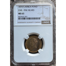 1874 ZAR BURGERS POND - FINE BEARD MS63 - NGC GRADED 5TH HIGHEST WITH ONLY 9 COINS HIGHER