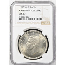1952 RSA - 5 SHILLING CAPE TOWN FOUNDING MS63 - NGC GRADE