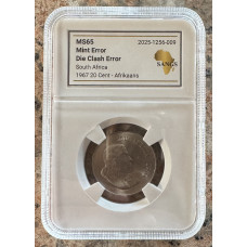 1967 RSA 20 CENT AFRIKAANS * DIE CLASH ERROR * GHOSTING ON "SUID" MS65 SANGS FINEST KNOWN