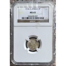 1936 UNION SA 3 PENCE - MS65 - NGC 2ND FINEST GRADE