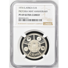 1974 SILVER RAND PRETORIA MINT ANNIVERSARY - PF69 ULTRA CAMEO - NGC FINEST KNOWN
