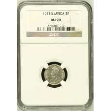 1932 UNION SA 3 PENCE - MS63 - NGC GRADED