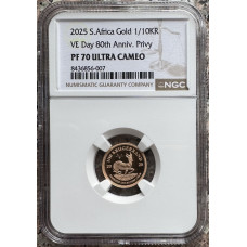 2025 KRUGERRAND 1/10oz GOLD 24KT PROOF - VE DAY PF70UC NGC FINEST KNOWN