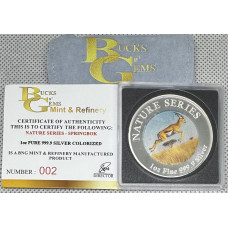 1oz SILVER 999.9 FINE - 2025 NATURE SERIES "SPRINGBOK" COLORIZED - CERTIFIED & MINT BAG