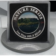 2024 NATURE SERIES 1oz SILVER 999.9 COLORIZED *TABLE MOUNTAIN WITH CPT MINT MARK & 3D PRINTED FIGURINE OF TABLE MOUNTAIN AS A COIN STAND