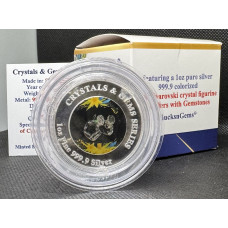 1oz PURE 999.9 SILVER CRYSTALS & GEMS COLORIZED SERIES IN DOME "SWAROVSKI JOE & HARRY MICE" CERTIFIED & BOXED