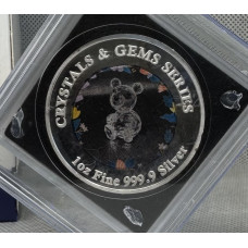 1oz PURE 999.9 SILVER CRYSTALS & GEMS COLORIZED SERIES IN DOME "SWAROVSKI BEAR " CERTIFIED & BOXED
