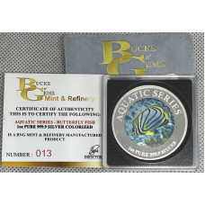 1oz SILVER 999.9 FINE - 2025 AQUATIC SERIES OF SOUTH AFRICA "BUTTERFLY FISH" COLORIZED-CERTIFIED & MINT BAG