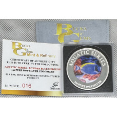 1oz SILVER 999.9 FINE - 2025 AQUATIC SERIES OF SOUTH AFRICA "POWDER BLUE SURGEON" COLORIZED-CERTIFIED & MINT BAG