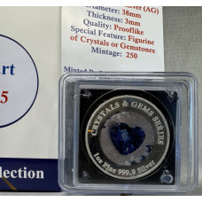 1oz PURE 999.9 SILVER CRYSTALS & GEMS COLORIZED SERIES IN DOME "SWAROVSKI BIG HEARTS" BLUE CERTIFIED & BOXED 