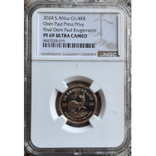 2024 KRUGERRAND OOM PAUL PRIVY MINT MARK 1/4oz PROOF FINE GOLD PF69UC - NGC 2ND FINEST GRADE