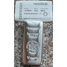 10oz SILVER 999.9 FINE BAR - HERAEUS EDELMATALIE - STAMPED & CERTIFIED