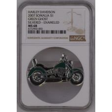 2007 $1 REPUBLIC OF SOMALIA - ENAMELED MOTORCYCLE SERIES SILVER BIKES *MS68* GREEN GHOST