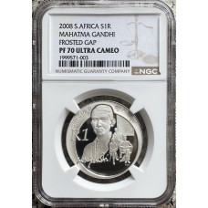 2008 SILVER RAND PROTEA - GANDHI **FROSTED GAP** PF70 ULTRA CAMEO - NGC FINEST GRADE RARETY - ONLY FEW KNOWN TO EXIST