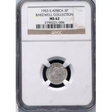 1953 UNION SA 3 PENCE - MS62 - NGC GRADED