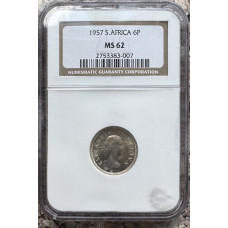 1957 UNION SA 6 PENCE - MS62 - NGC GRADE