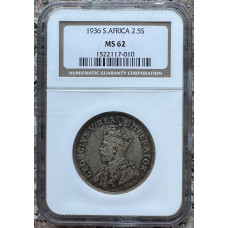 1936 UNION SA 2.5 SHILLING - MS62 - NGC GRADE LOW MINTAGE 553,177