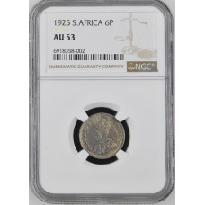 1925 UNION SA 6 PENCE **PROTEA** AU53 -NGC - SECOND LOWEST MINTAGE - RARE COIN INDEED