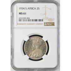 1934 UNION SA 2 SHILLING - MS61- NGC GRADE - 1 IN MS66 & 4 IN MS65