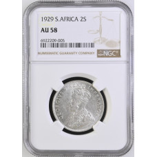 1929 UNION SA 2 SHILLING - AU58 - NGC GRADE - HIGH BOOK VALUE - 25 COINS HIGHER (MS64 FINEST)