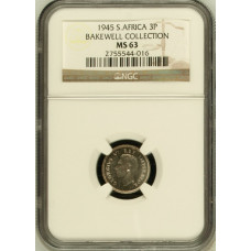 1945 UNION SA 3 PENCE - MS63 - NGC 3RD FINEST GRADED - BAKEWELL COLLECTION