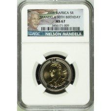 2008 MANDELA 90th BIRTHDAY R5 COIN - MS67 - NGC GRADE