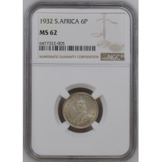 1932 UNION SA 6 PENCE - MS62 - NGC GRADED