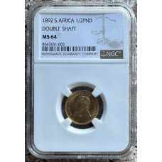 1892 ZAR 1/2 POND DOUBLE SHAFT * MS64* NGC GRADED 3RD HIGHEST - ONLY 2 IN MS66 & 3 IN MS65